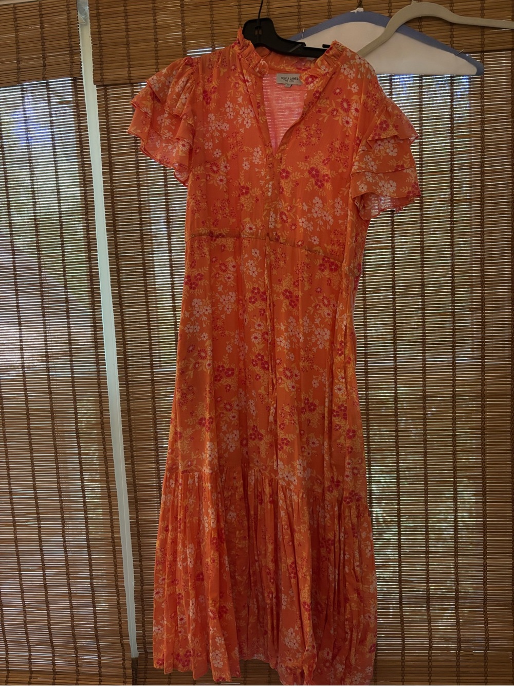 Women's Orange Floral Ruffle-Sleeve Maxi Dress
